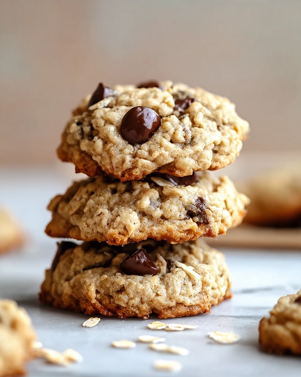 A stack of three oatmeal chocolate chip cookies is shown close up on a white marbled surface. Each cookie has a rough, chunky texture with visible oats scattered across the top, creating a light beige color mixed with darker chocolate chips. The edges of the cookies are golden brown, giving a slightly crispy look, while the centers appear softer and thicker. The top cookie leans slightly, showing the crumbly oats and shiny chocolate chips embedded on the surface. Some oats are also scattered on the surface around the cookies, adding to the rustic feel. The background is softly blurred, focusing attention on the stacked cookies. Photo taken with an iphone --ar 4:5 --v 7