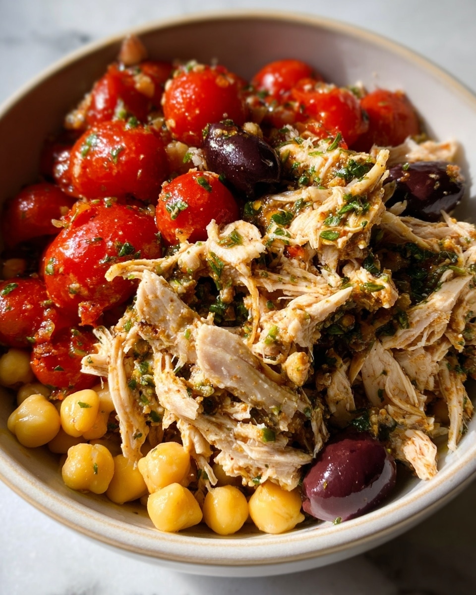 A close-up of a white bowl filled with three main layers: the bottom layer is made of light yellow chickpeas scattered around the base; the middle layer consists of shredded, tender chicken mixed with green herbs and spices giving it a slightly textured look; the top layer shows bright red cherry tomatoes and a few dark purple olives, all lightly coated with oil and herbs. The dish is placed on a white marbled texture that gently reflects the bowl’s colors. photo taken with an iphone --ar 4:5 --v 7