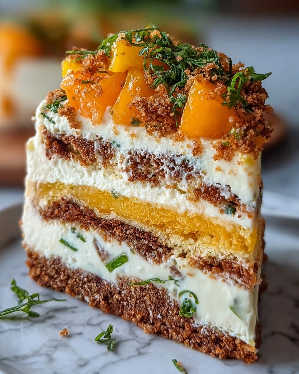 A slice of layered cake sits on a white plate with a white marbled surface underneath. The bottom layer is a thick, crumbly brown crust, supporting three moist yellow sponge layers. Between the sponge, there are thick creamy white layers with small green herb pieces scattered throughout. On top, a layer of bright orange fruit chunks is mixed with cream and topped with a sprinkle of crumbly brown crumbs and fresh green herbs. The cake looks soft and moist with vibrant colors from the orange fruit and green herbs. photo taken with an iphone --ar 4:5 --v 7