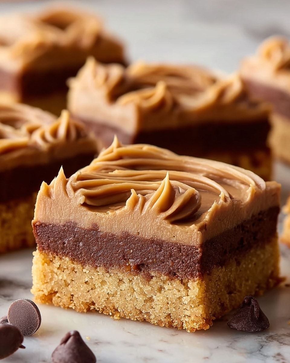 The image shows a close-up of several layered dessert bars on white paper, resting on a white marbled surface. Each square bar has two visible layers: the bottom layer is a dense, crumbly brown cake-like base with a slightly textured surface, and the top layer is a smooth, thick caramel-colored frosting with a shiny finish, decorated with thin, drizzled lines of caramel on top. Around the dessert bars, there are scattered dark brown chocolate chips adding a rich contrast. The focus is sharp on the front bar, showing its moist texture clearly, with the other bars softly blurred in the background. Photo taken with an iphone --ar 4:5 --v 7