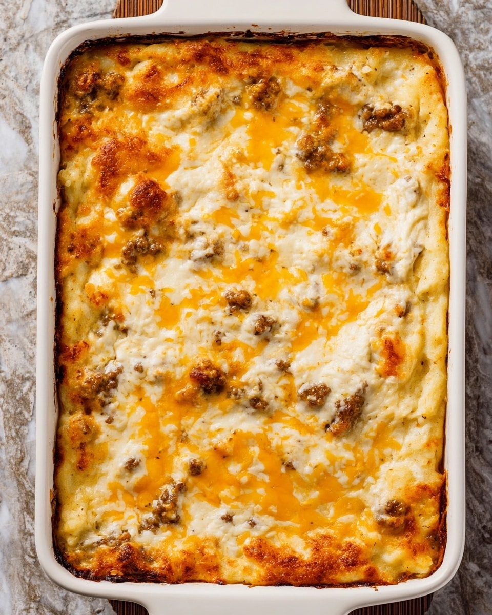 A rectangular white baking dish filled with a thick, creamy baked casserole that has a top layer of melted white cheese blended with patches of golden yellow melted cheese spread unevenly across the surface. The cheese layer appears soft with slight browning, and there are small browned spots of cooked ground meat visible beneath the cheese. The edges are slightly browned and bubbling, showing a rich and hearty texture. The dish sits on a white marbled surface, and the overall look is warm and comforting. photo taken with an iphone --ar 4:5 --v 7