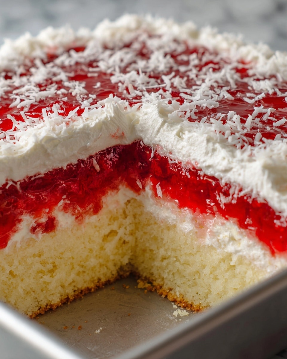 The image shows a close-up of a layered cake with one slice removed, revealing three main layers. The bottom layer is a thick, light yellow cake with a soft texture, topped by a vibrant, glossy red jelly-like fruit layer that looks juicy and slightly uneven. Above this is a thick, fluffy white whipped cream layer, which also covers the sides and top of the cake. The top surface of the whipped cream is decorated with thin white coconut shreds spread evenly across it, adding texture and contrast. The cake is inside a metal baking pan, and the background features a white marbled texture. Photo taken with an iphone --ar 4:5 --v 7