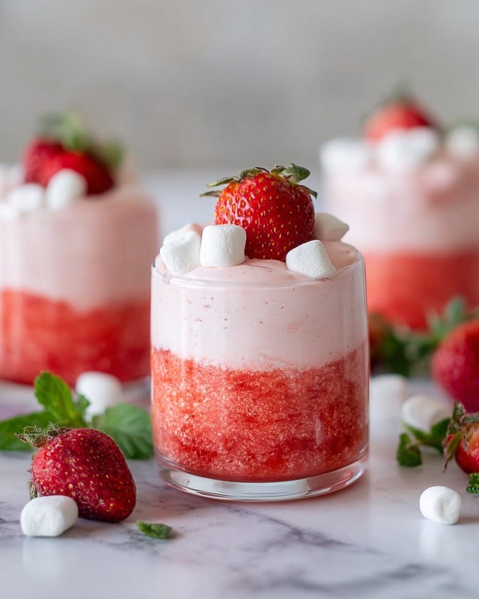 The image shows three clear glasses filled with two layers of a dessert on a white marbled surface. The bottom layer is a bright red, textured strawberry puree, while the top layer is a smooth, pale pink strawberry mousse. Each glass is topped with a whole fresh strawberry and small white marshmallows as decoration. Fresh strawberries and a few white marshmallows are scattered around the glasses, with some green mint leaves to the side. The background is soft and blurry, focusing attention on the desserts in the front. Photo taken with an iphone --ar 4:5 --v 7
