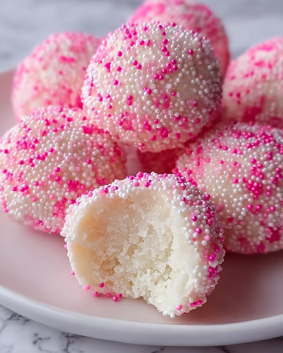 The image shows round, soft-looking white balls with a rough texture, covered in tiny pink and white sugar beads. One ball is bitten, revealing a fluffy, moist white inside. The balls sit closely on a white plate, all resting on a white marbled surface, creating a clean and bright scene. The pink and white beads add a pop of color to the mostly white treats. photo taken with an iphone --ar 4:5 --v 7