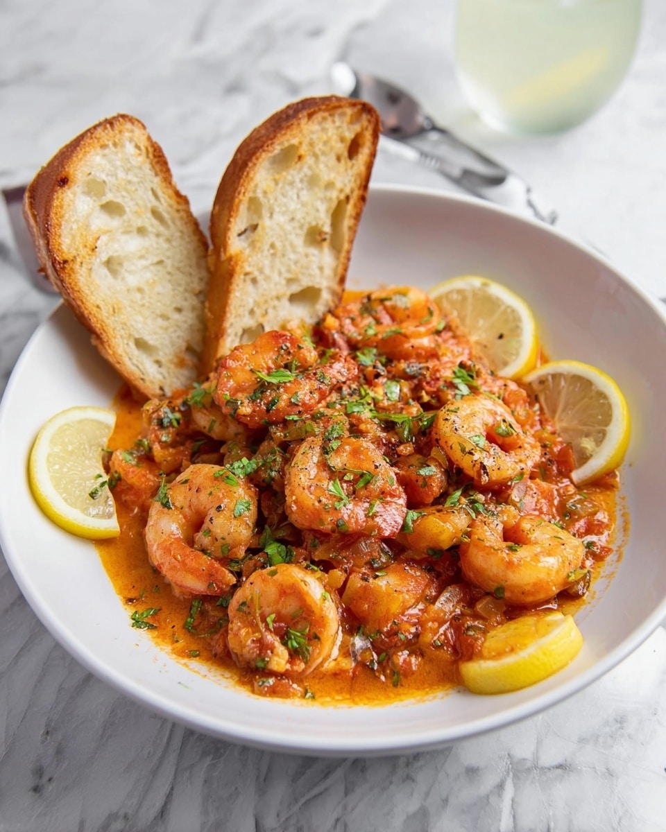 The dish is a white deep plate filled with cooked shrimp in a reddish-orange tomato-based sauce with small green herbs sprinkled on top. Around the shrimp, there are several lemon wedges placed evenly along the edge of the plate. Three slices of toasted bread are standing upright on one side of the plate, resting against the shrimp. The plate is set on a white marbled surface with a glass of light-colored drink visible in the background. photo taken with an iphone --ar 4:5 --v 7