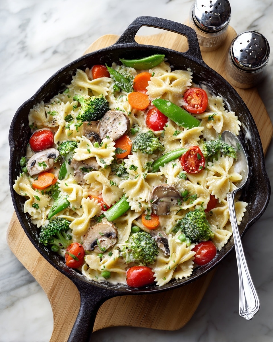 The image shows a black cast iron skillet filled with a creamy pasta dish. The bottom layer consists of light yellow bow-tie pasta mixed with white creamy sauce. Scattered evenly on top are bright green broccoli florets, orange carrot slices, green snap peas, halved red cherry tomatoes, and beige slices of mushrooms. Fresh green herb pieces are sprinkled over everything, adding a fresh touch. The skillet rests on a light wooden board placed on a white marbled surface. A silver spoon is inside the skillet on the right, ready to serve. Near the top of the frame, there is a silver pepper shaker. Photo taken with an iphone --ar 4:5 --v 7