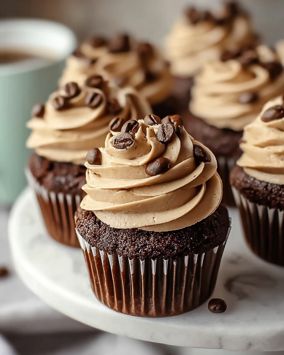 A close-up view of a chocolate cupcake with two main layers, on a white marbled surface. The base is a dark, rich chocolate cake with a soft, crumbly texture, wrapped in a brown liner. On top is a thick, swirled layer of light brown coffee-flavored frosting with a smooth, creamy texture. The frosting swirls upward in a circular motion, crowned with whole coffee beans scattered on the peak. In the background, several similar cupcakes create a gentle blur, resting together on a white plate. The scene is warm and inviting, with natural light enhancing the textures and colors. photo taken with an iphone --ar 4:5 --v 7