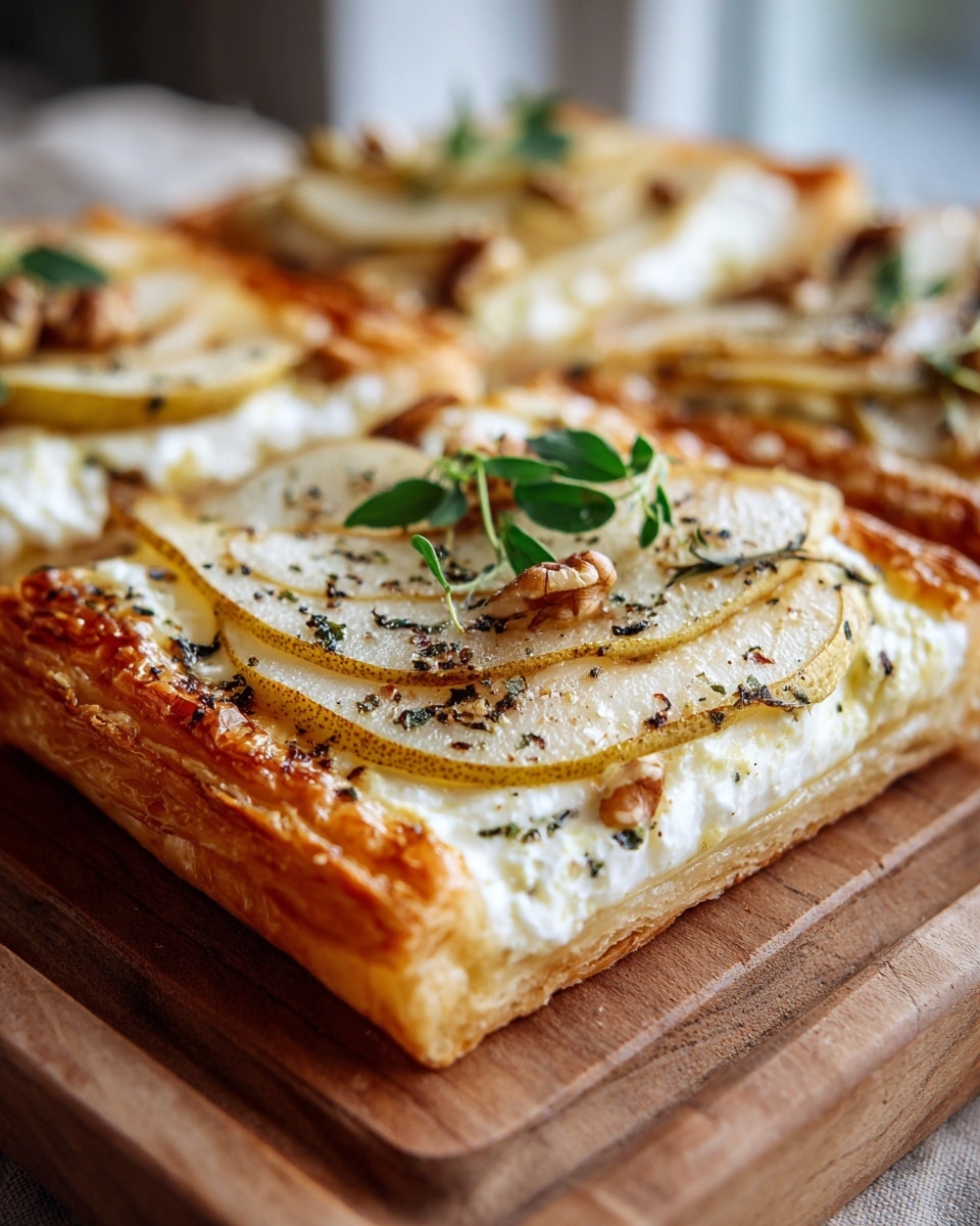 The image shows a rectangular tart with a golden, crispy puff pastry base made of several flaky layers. On top is a layer of thinly sliced, pale yellow pears arranged in overlapping rows. Scattered over the pears are whole walnut pieces, roasted to a light brown color, and fresh green herb leaves, adding a pop of color. The tart is sprinkled with finely crushed black pepper and herbs, giving a textured look with dark specks against the pear slices. It is placed on a wooden board with a warm tone, contrasting the tart’s colors. photo taken with an iphone --ar 4:5 --v 7