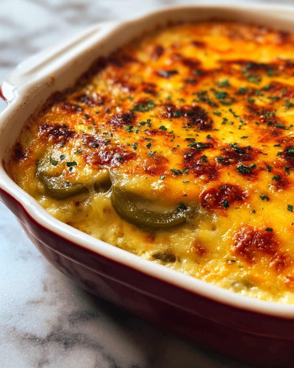 The image shows a close-up of a baked casserole dish in a white ceramic dish with a shiny surface. The casserole has multiple layers, with the top layer being golden-brown melted cheese that is bubbly and slightly crispy around some edges. Underneath the cheese, visible soft green slices of vegetables peek through, likely green bell peppers. The cheese layer is sprinkled with finely chopped dark green herbs. The dish is placed on a white marbled surface that adds a clean and bright background to the warm colors of the casserole. photo taken with an iphone --ar 4:5 --v 7
