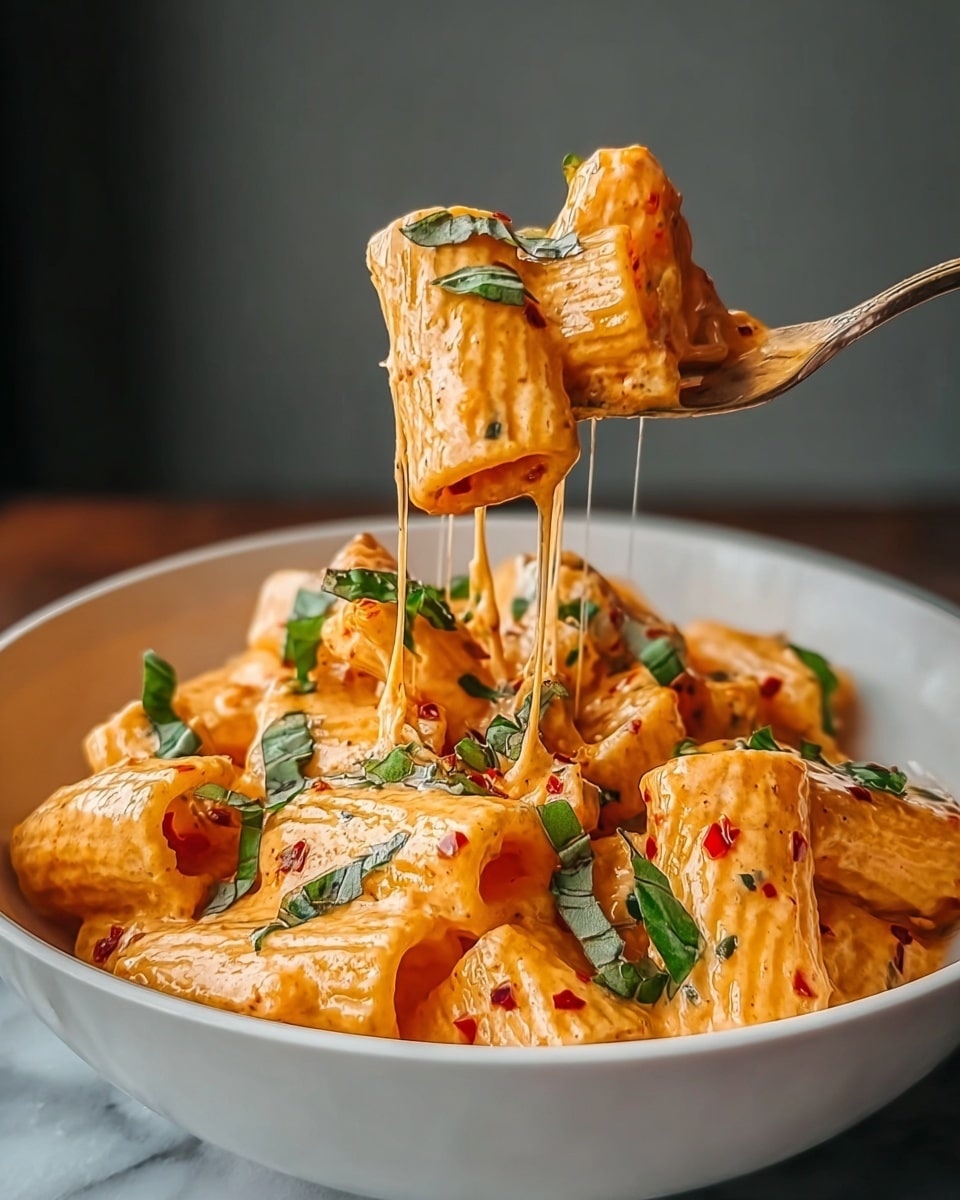 A white bowl filled with rigatoni pasta covered in thick creamy orange sauce with visible red pepper flakes and green herbs. The rigatoni pieces are tube-shaped with ridges and coated evenly in the sauce. Fresh chopped green basil leaves are sprinkled on top, adding color contrast. A fork lifts a piece of rigatoni, with melted cheese stretching from the bowl to the pasta on the fork. The background shows a soft blurred grey wall and the bowl sits on a white marbled surface. photo taken with an iphone --ar 4:5 --v 7