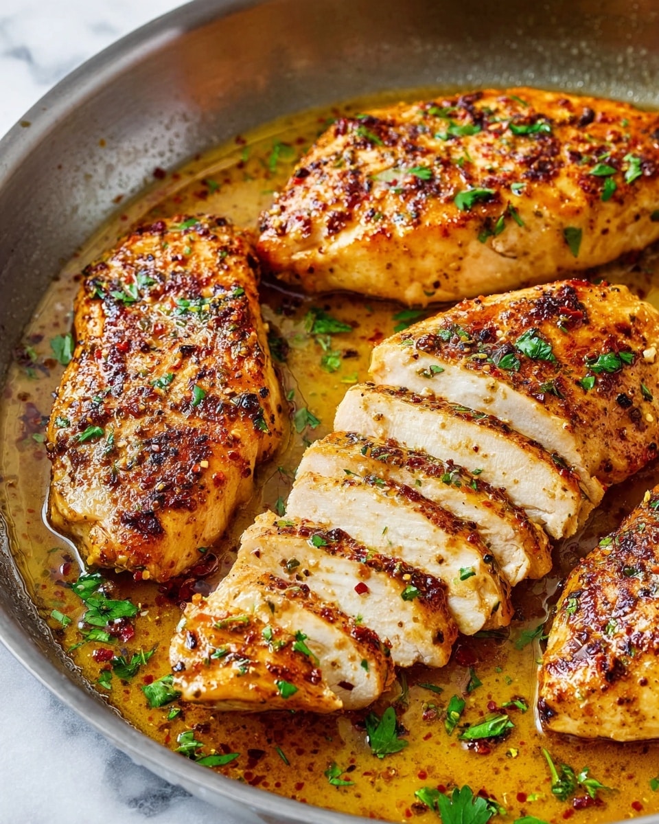 A close-up view of a metal pan with four cooked chicken breasts inside. The chicken breasts are golden brown with a crispy texture, sprinkled with small bits of herbs and red spices. One chicken breast is sliced into even pieces showing tender, juicy white meat. The pan holds a glossy, golden sauce with visible oil droplets and small herbs scattered on top. The background is a white marbled texture. photo taken with an iphone --ar 4:5 --v 7