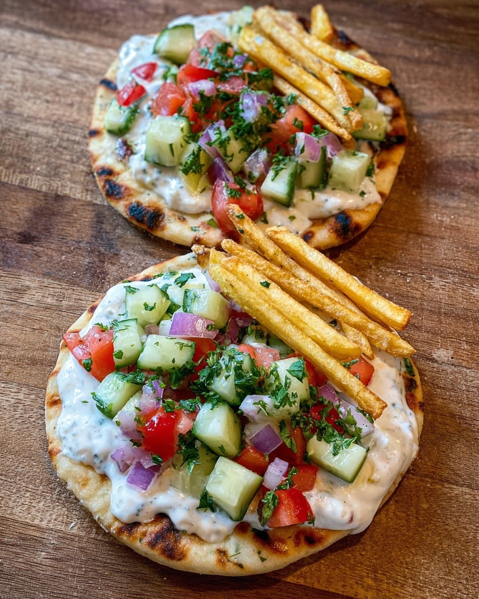 The image shows two small round flatbreads with a golden brown, slightly charred crust, placed on a wooden surface. Each flatbread is topped with a thick, creamy white sauce spread evenly as the base layer. On top of the sauce, there are evenly cut cucumber cubes that are light green with darker green skins, followed by small chopped red tomato pieces and finely diced purple onions. There are also three crispy golden French fries placed side by side on each flatbread. A sprinkling of fresh green parsley leaves is scattered over the top, adding color contrast. The scene is close up, showing the texture of each ingredient clearly. photo taken with an iphone --ar 4:5 --v 7