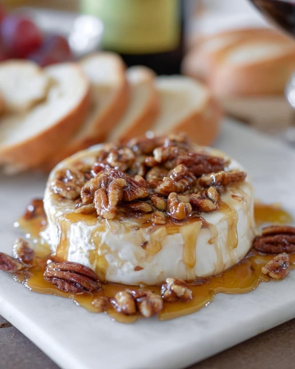 A round wheel of soft white cheese sits on a white plate with a white marbled texture underneath, topped thickly with glossy, sticky honey and chopped pecans. The honey slowly drips down the sides of the cheese, pooling slightly at the base, while in the background, slices of bread are stacked, slightly out of focus along with a blurred bottle. The cheese looks creamy and smooth, contrasting with the crunchy, golden-brown pecans scattered evenly on top. Photo taken with an iphone --ar 4:5 --v 7