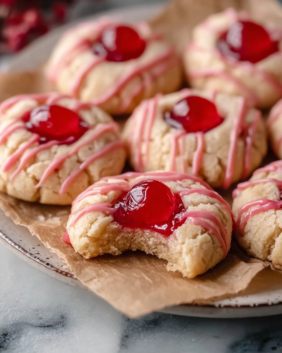 A close-up of small round cookies with a crumbly light beige texture, each topped with a shiny bright red cherry in the center. The cherries sit in a slight indentation, and the cookies have thin pink icing drizzle lines crossing over them horizontally and diagonally. One cookie at the front has a bite taken out, showing a soft and slightly gooey red cherry filling inside. They are arranged on a round white plate lined with brown parchment paper. The surface below is a white marbled texture. photo taken with an iphone --ar 4:5 --v 7