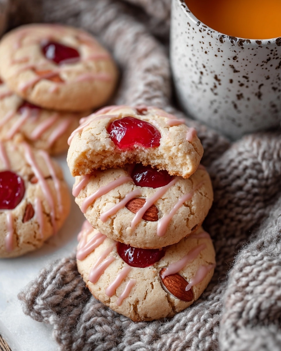 The image shows soft cookies with a cracked light beige surface, each topped with a shiny, deep red cherry center and almond slices visible within. The cookies are drizzled with pale pink icing in thin lines across the top. Two cookies are stacked slightly off-center, with the top cookie partially bitten showing a moist, crumbly texture inside. They rest on a chunky, knitted textured fabric with a greyish tone. In the corner, a white ceramic cup with a speckled pattern holds a warm orange beverage. The whole scene is set on a white marbled texture. photo taken with an iphone --ar 4:5 --v 7