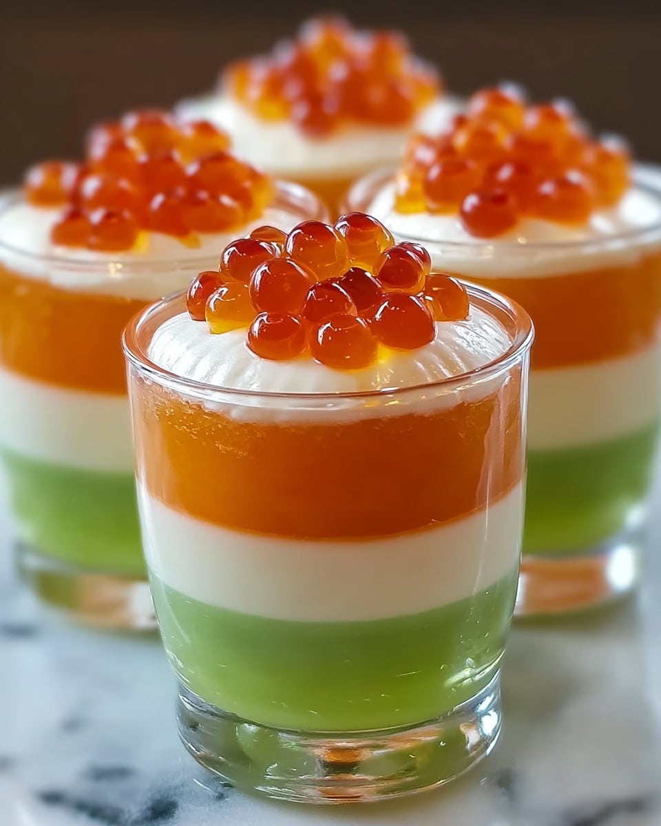 The image shows four small clear glasses filled with a three-layer dessert placed on a white marbled surface. The bottom layer is orange and smooth, the middle layer is white and creamy, and the top layer is bright green and slightly translucent. On top of the green layer is a small dollop of white cream, crowned with a cluster of shiny, orange-red round spheres resembling caviar. The glasses are close together, and the focus is on the front glass with soft lighting highlighting the glossy and smooth texture of each layer. photo taken with an iphone --ar 4:5 --v 7
