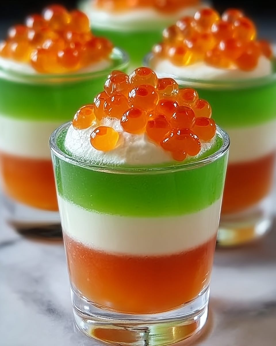 The image shows three clear glass shot glasses filled with a three-layered dish. The bottom layer is a smooth orange jelly, the middle layer is a creamy white, and the top layer is a bright green jelly. On top of the green layer is a white dollop of cream, crowned with a small pile of shiny, round orange fish roe. The glasses sit on a white marbled surface, with the focus on the front glass, while the other two are blurred behind it. The lighting highlights the glossy textures of the jelly and fish roe, creating a fresh and colorful look. Photo taken with an iphone --ar 4:5 --v 7