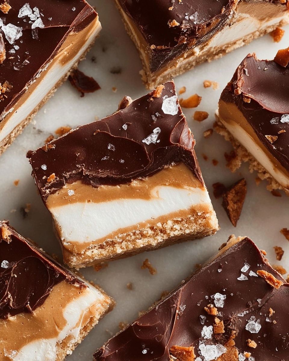 The image shows close-up pieces of layered chocolate and caramel bark with a rough texture. Each piece has three main layers: a thick, smooth, dark brown chocolate top layer sprinkled with coarse white sea salt flakes, a middle layer of soft, creamy caramel in light tan color, and a thin, slightly textured dark chocolate base layer. The edges of the pieces are uneven and the layers show slight wavy lines. The background surface is white marbled texture. photo taken with an iphone --ar 4:5 --v 7