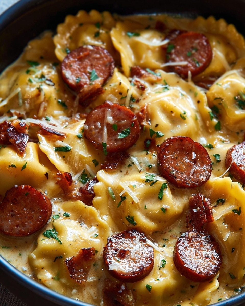 The image shows a close-up of a dish in a black pot filled with round golden-yellow ravioli pieces that have slightly browned edges. These ravioli are mixed with thick slices of browned sausage that have a reddish-brown color. The creamy sauce underneath has a light tan color and a smooth texture, lightly coating the ravioli and sausage. Small flecks of fresh green herbs, likely parsley, are sprinkled evenly on top, adding a fresh hint of color. The overall look is warm and inviting, capturing the rich textures and colors in detail. photo taken with an iphone --ar 4:5 --v 7
