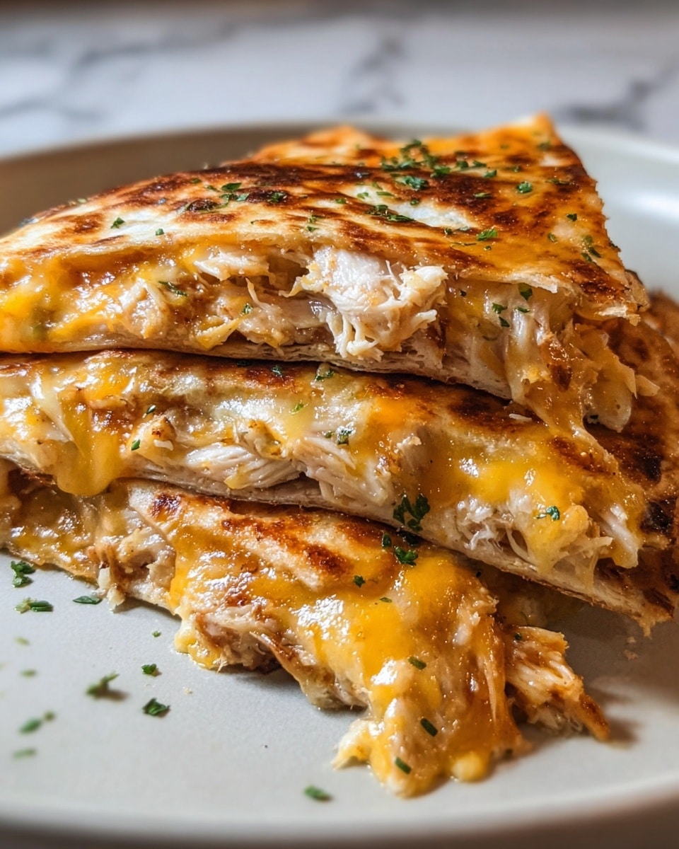 The image shows three pieces of quesadilla stacked on a white plate with a white marbled surface in the background. Each quesadilla has two layers of soft, golden-brown tortilla, with a middle layer of melted cheddar cheese and shredded chicken visible. The top tortilla is crispy with browned spots and sprinkled with small bits of green herbs. The melted cheese oozes slightly between the layers, adding a shiny texture. The shredded chicken inside appears tender and juicy, clumped together with the cheese. Photo taken with an iphone --ar 4:5 --v 7
