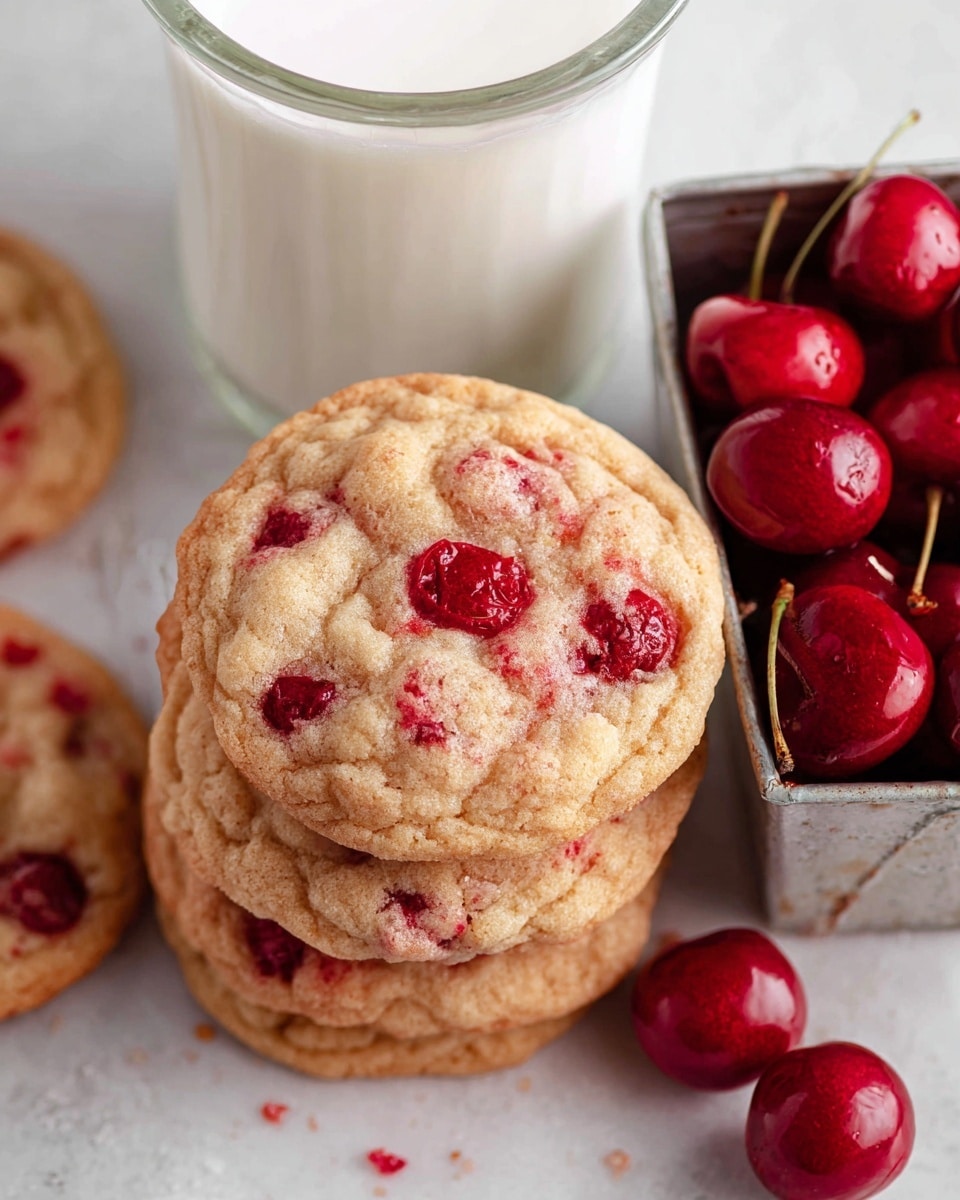 A stack of soft, round cookies with visible bright red cherry pieces mixed throughout stands on a white marbled surface. The cookie at the front is leaning against the stack, showing its light golden-brown color and slightly crinkly texture with red cherry bits embedded inside. A single shiny red cherry with a stem rests beside the cookies, while in the blurred background, more cookies and some red cherries are visible. The scene is bright and clean, with a glass of milk partly visible to the right. Photo taken with an iphone --ar 4:5 --v 7