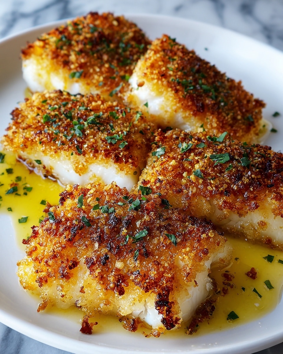 The image shows four pieces of golden-brown, crispy breaded fish fillets placed closely together on a white plate, each topped with small green herb flakes. The top layer is made up of crunchy, browned bread crumbs that have an uneven texture, while the inside layer is tender, flaky white fish. There are small pools of golden melted butter around the fish, adding a shiny, wet texture to the plate. The background is a white marbled surface that contrasts with the warm colors of the dish. photo taken with an iphone --ar 4:5 --v 7