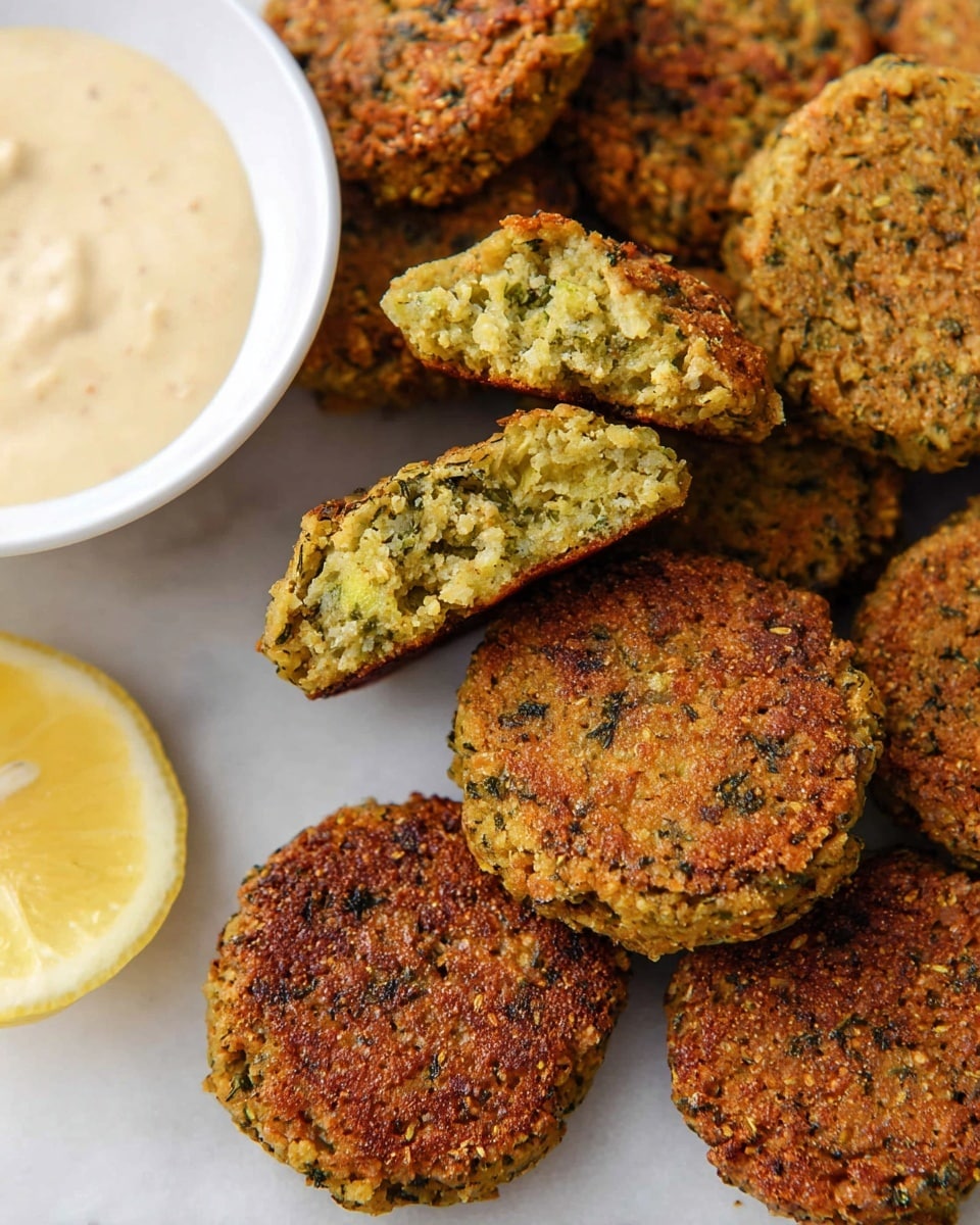 A group of round, golden-brown falafel patties with a crispy outer layer are arranged on a white marbled surface, with two patties in the center stacked and broken in half, revealing a greenish-yellow textured inside with visible small bits of herbs and chickpeas. To the left, part of a white bowl filled with creamy beige sauce is visible, along with a slice of lemon with bright yellow peel. The falafel patties have a rough, slightly uneven surface texture indicating they are fried. Photo taken with an iphone --ar 4:5 --v 7