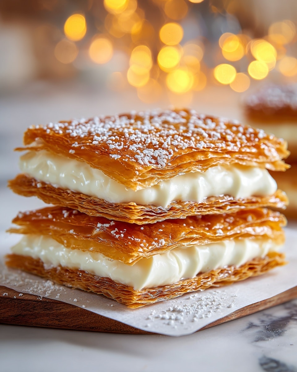 A close-up image of a three-layered dessert stack, each layer consisting of light brown, thin, crispy pastry sheets with a glossy caramelized surface sprinkled with white powdered sugar. Between each crispy layer is a thick, smooth, white cream filling, creating a clear contrast. The dessert sits on a piece of white paper on a wooden surface, with blurred warm yellow lights glowing softly in the background, all placed on a white marbled texture. The photo taken with an iphone --ar 4:5 --v 7