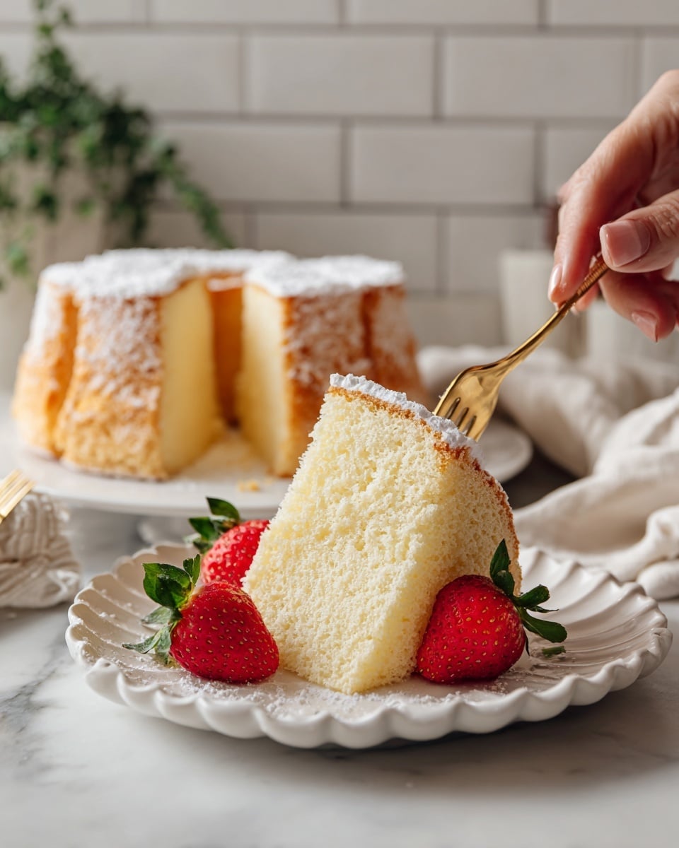 A soft, light yellow chiffon cake slice with a smooth and fluffy texture is placed on a white, scalloped edge plate. The cake has one layer topped with a light dusting of white powdered sugar. A red, fresh strawberry half with green leaves is placed on the plate next to the slice. A gold fork is gently cutting into the slice, held by a woman's hand. In the background, more cake sits on a white plate on a white marbled surface with a white tiled wall behind it. Photo taken with an iphone --ar 4:5 --v 7