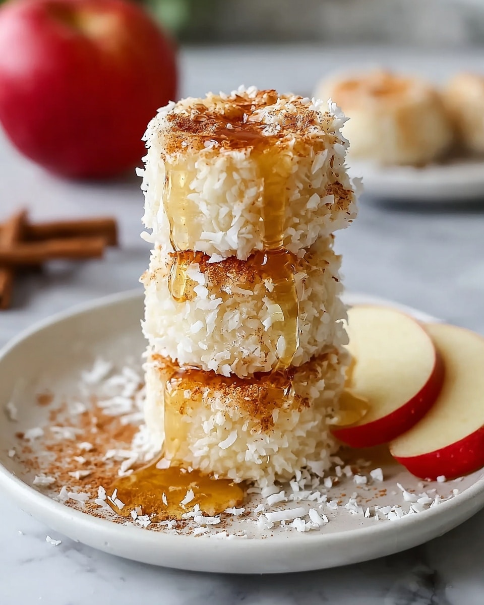 A white plate holds about ten round dessert balls arranged close together. Each ball has a rough texture with light yellow inside and is covered in white coconut flakes and light brown cinnamon powder sprinkled unevenly on top. One ball is in the center, slightly raised, showing a moist and soft inside with a bite taken out. The background shows blurred red apples and a cinnamon stick set on a white marbled texture. Photo taken with an iphone --ar 4:5 --v 7