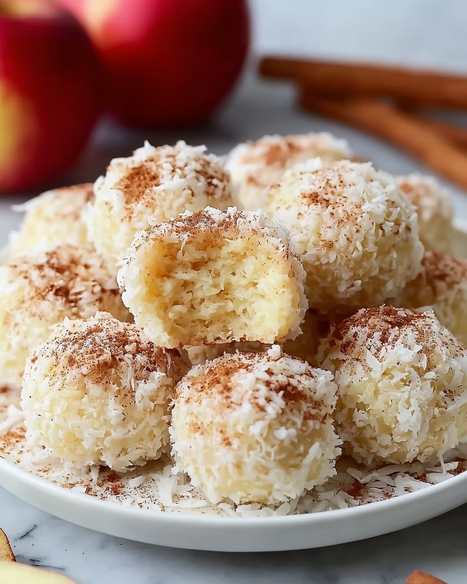 A stack of three round coconut-covered dessert bites sits centered on a white plate with a few apple slices arranged to the side. Each bite is creamy white with finely shredded coconut coating the outside, and a golden honey drizzle runs down the top and sides, adding a glossy shine. There is a light dusting of cinnamon on the bites and plate. The background shows a red apple softly blurred, while the plate rests on a white marbled surface. Photo taken with an iphone --ar 4:5 --v 7