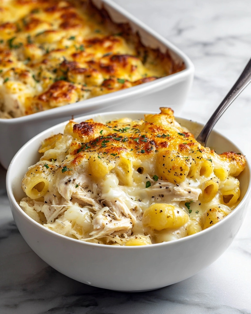 A white bowl filled with creamy macaroni pasta layered with shredded white chicken pieces mixed inside, topped with melted yellow and white cheese that has a smooth, bubbly texture, sprinkled lightly with black pepper. A silver spoon is partially submerged in the bowl. Behind the bowl, there is a baking dish with a browned, crispy cheese layer visible. The bowl sits on a white marbled surface. photo taken with an iphone --ar 4:5 --v 7