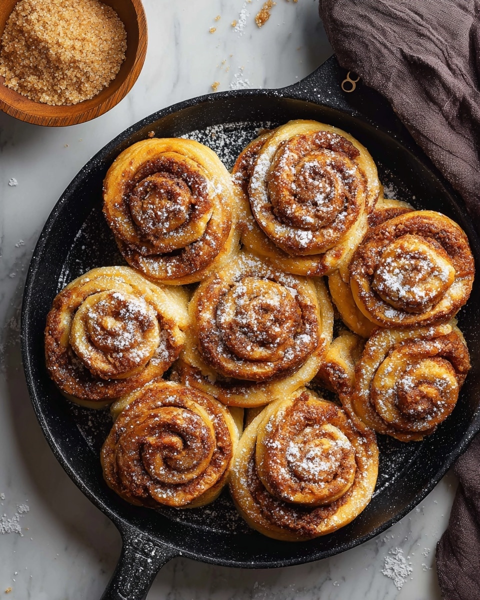 Seven golden-brown cinnamon rolls, each with multiple visible layers twisted into a spiral shape, are arranged in a circle on a black cast-iron skillet. The rolls have a lightly crispy and caramelized outer texture with a dusting of fine white powdered sugar that adds a soft snowy effect. The skillet’s texture is rough with a matte finish, and part of the handle with the number 8 is visible, resting on a white marbled surface. To the left, there is a small wooden bowl filled with brown sugar, partially visible. Some sugar granules are scattered lightly across the surface and the skillet, enhancing the cozy, homemade feel. Photo taken with an iphone --ar 4:5 --v 7