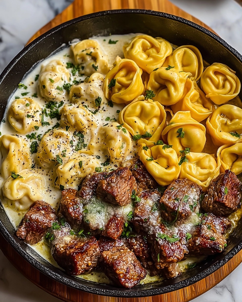 A black pan filled with three sections of food: the top right has golden yellow tortellini with a smooth texture and light specks of black pepper; the top left contains pale creamy tortellini in a rich white sauce, sprinkled with fresh green herbs and black pepper; the bottom part shows browned beef cubes with a slightly charred look, topped with melted white cheese and green herbs. The pan rests on a wooden board with a white marbled surface background. photo taken with an iphone --ar 4:5 --v 7