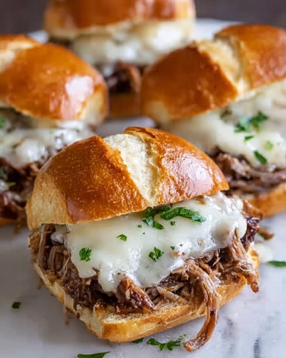 The image shows three sandwiches on a white marbled surface, each made with a golden-brown toasted bun. The sandwiches have a bottom layer of pulled, shredded meat that looks juicy and tender, topped with a layer of melted white cheese that covers the meat and drapes slightly over the edges. Small green parsley pieces are sprinkled on top of the cheese, adding a fresh pop of color. The buns appear slightly glossy and soft, with the top bun resting over the filling at a slight angle, revealing the filling inside. Photo taken with an iphone --ar 4:5 --v 7