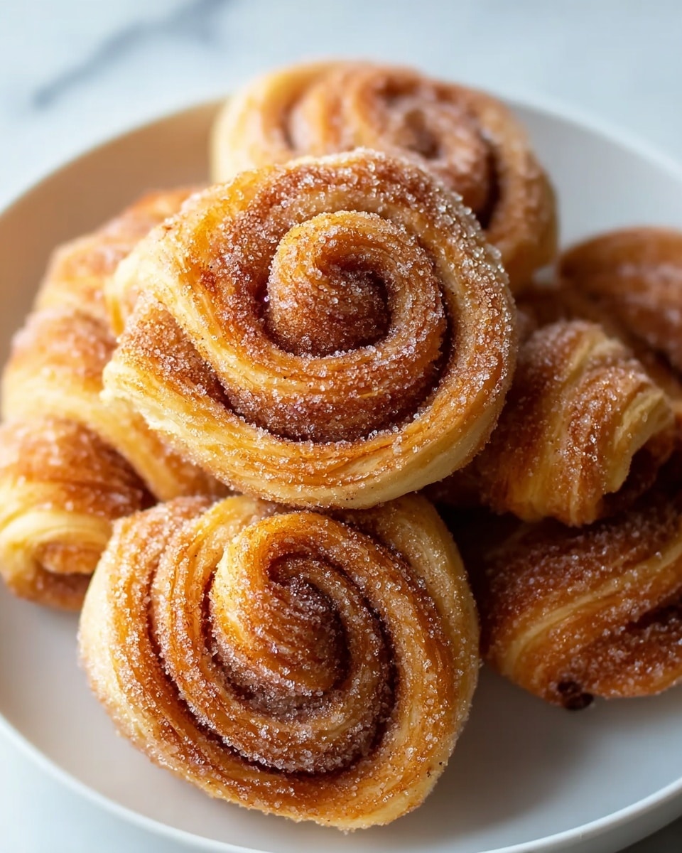 The image shows a close-up of several golden-brown cinnamon sugar pastries piled on a white plate. Each pastry has many thin layers of dough rolled tightly in a spiral shape, with a sugar coating that sparkles on the surface. The swirls alternate between light golden and darker caramel colors, creating a textured, flaky look. The white plate sits on a white marbled surface, and the warm color of the pastries contrasts softly against the background. photo taken with an iphone --ar 4:5 --v 7