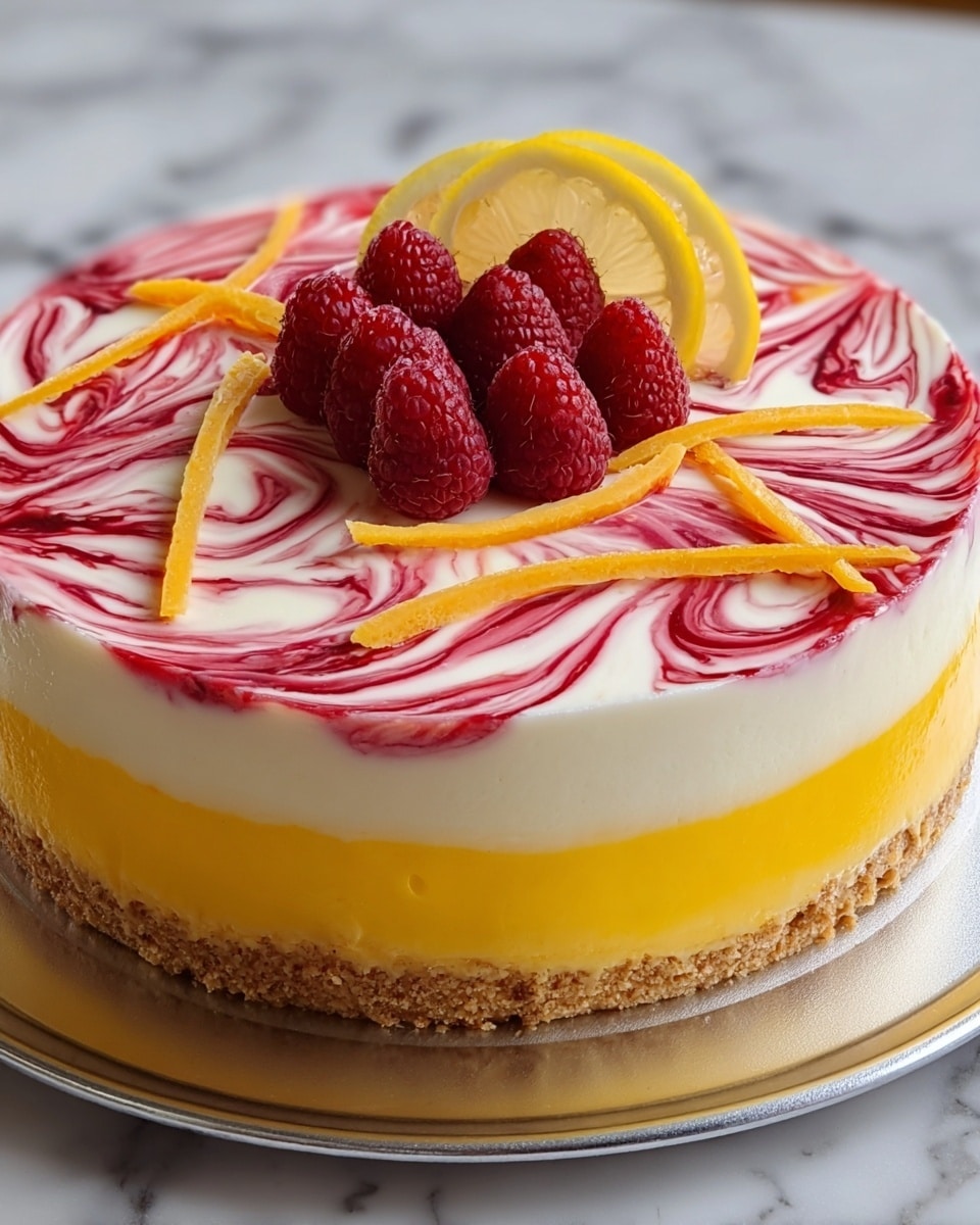 A round cake sits on a silver plate, with three distinct layers visible: the bottom layer is a crumbly, light brown crust; the middle layer is a smooth, bright yellow; the top layer is white with red swirls creating a marbled effect, and it is decorated with thin, pale orange strips scattered across the surface. On top of the cake, there are five raspberry fruits clustered in the center, with a thin slice of lemon leaning against them. The cake is against a white marbled background. photo taken with an iphone --ar 4:5 --v 7