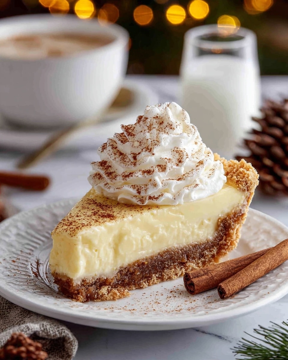 A slice of creamy custard pie with three distinct layers: a thick, crumbly brown crust on the bottom, a smooth, light yellow custard filling in the middle, and a generous swirl of white whipped cream dusted with cinnamon on top. The pie slice is placed on a white plate that has a subtle embossed pattern, with a cinnamon stick resting beside it. The background includes a white cup and saucer, a glass of milk, pine cones, and blurred warm yellow lights, all set on a white marbled surface. photo taken with an iphone --ar 4:5 --v 7