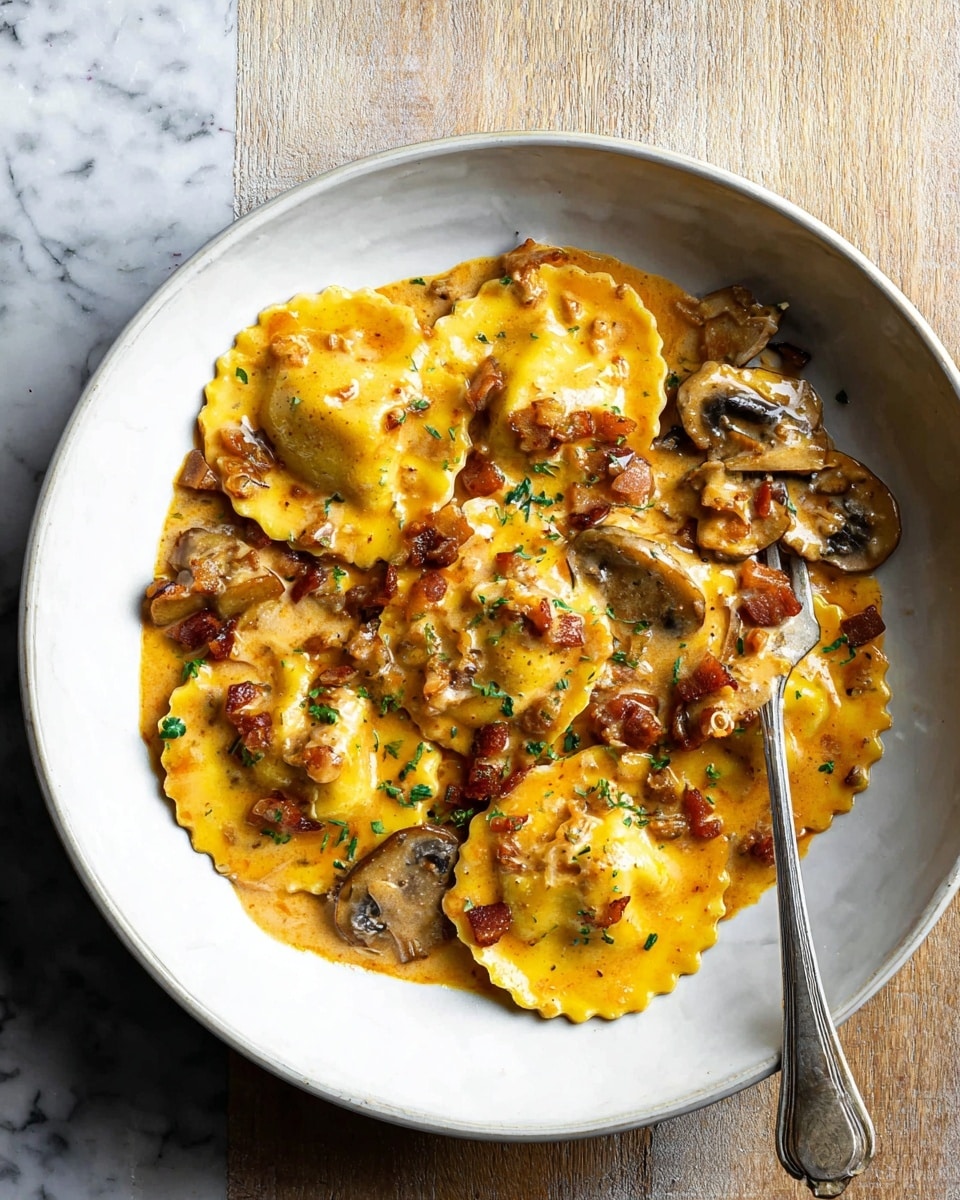 A white bowl filled with five round, yellow ravioli pieces with ruffled edges, covered in a creamy orange sauce mixed with small chunks of brown mushrooms, diced orange-brown bacon, and green herbs sprinkled on top; a silver fork resting on the right side of the bowl, piercing a mushroom piece covered in sauce; the background is a white marbled texture. photo taken with an iphone --ar 4:5 --v 7
