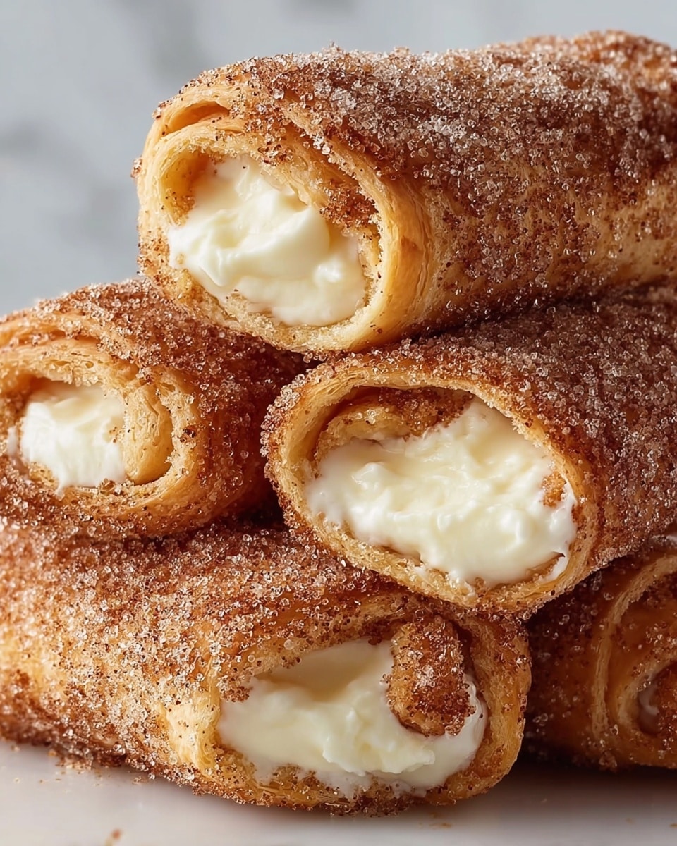 A close-up view of three cream-filled rolled pastries stacked closely together, each showing soft, light golden-brown dough layers with a dusting of coarse sugar and cinnamon on top, creating a grainy texture with sparkling sugar crystals; the creamy white filling is rich and smooth, peeking out from the center of each roll, adding a soft contrast to the slightly crunchy outer layer, all set against a white marbled background. photo taken with an iphone --ar 4:5 --v 7