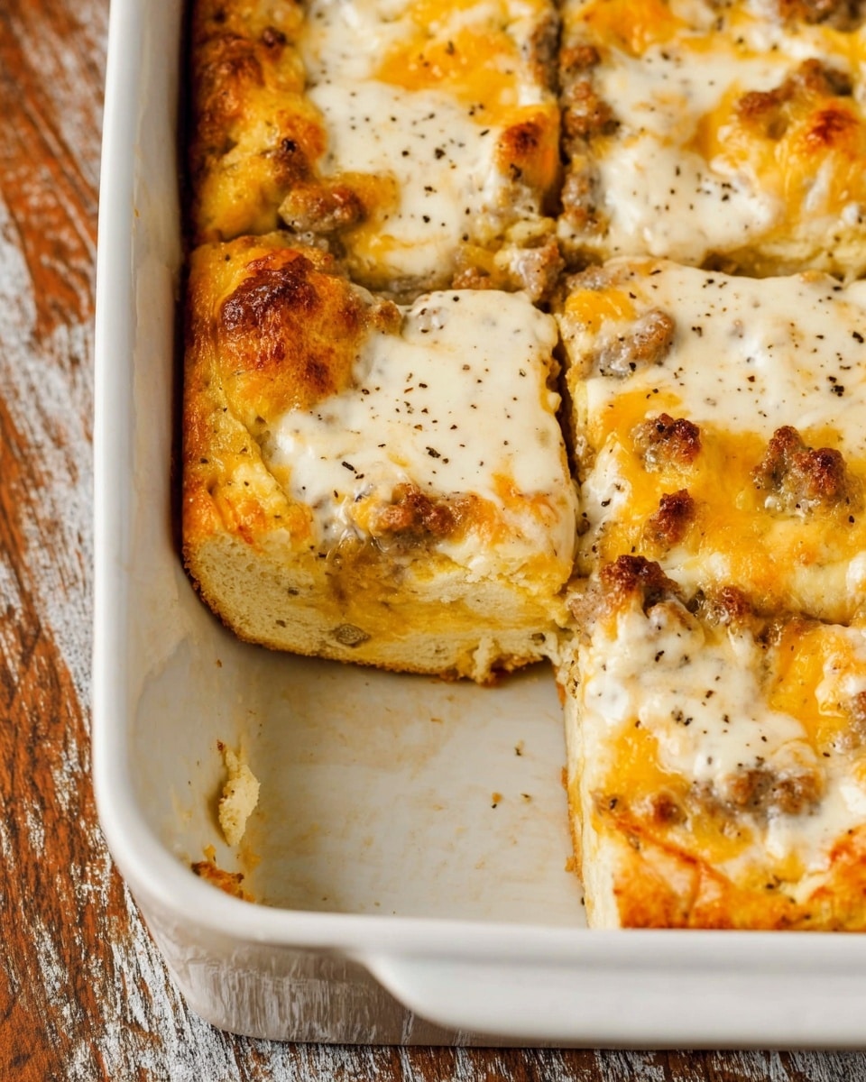 The image shows a white rectangular baking dish filled with a baked breakfast casserole cut into square pieces. The top layer is a creamy, lightly browned cheese sauce, speckled with black pepper. Below that is a golden melted cheese layer mixed with sausage bits, sitting on a thick, soft bread or biscuit base that has a light brown crust. One piece in the corner is missing, revealing the layers inside. The dish is placed on a white marbled surface with a rustic wooden background faintly visible. photo taken with an iphone --ar 4:5 --v 7