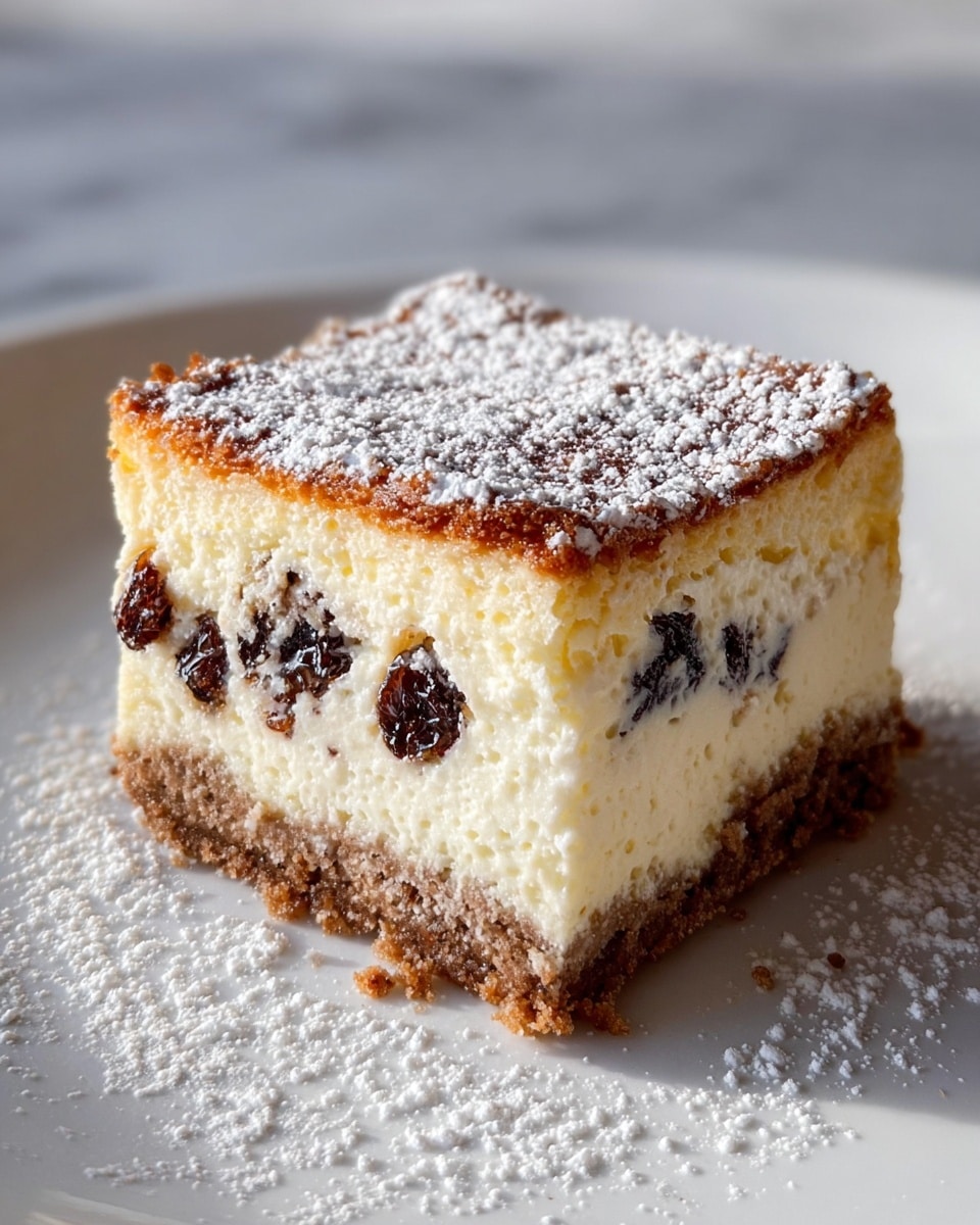 A square piece of creamy cheesecake with three layers sits on a white plate over a white marbled texture. The bottom layer is a dense, crumbly, brown crust. The middle layer is a thick, smooth off-white cheesecake filling, speckled with dark raisins spread horizontally in the center. The top layer is a light golden-brown baked crust dusted generously with fine white powdered sugar, some of which also decorates the plate around the cake. Soft natural light hits the dessert, highlighting its creamy texture and the powdery sugar. Photo taken with an iphone --ar 4:5 --v 7