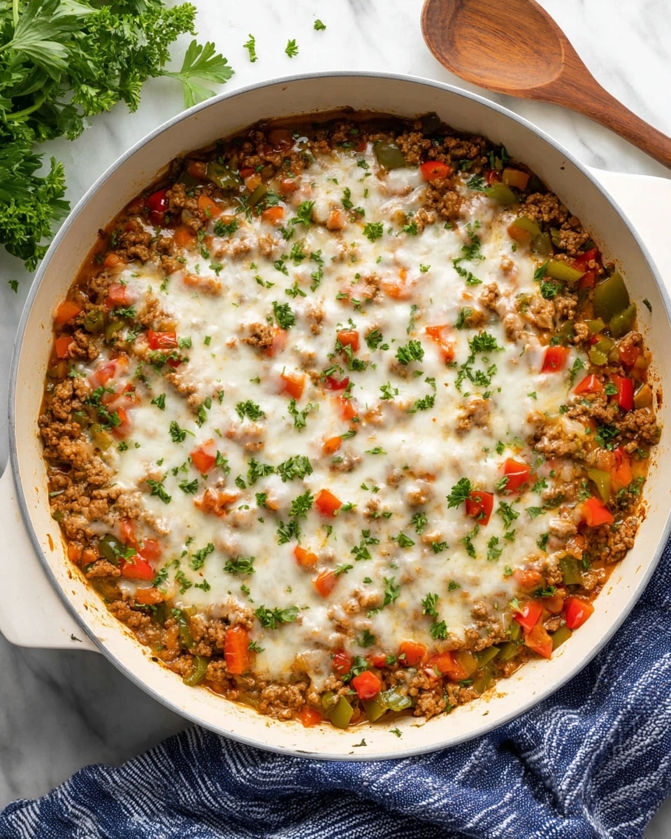 The image shows a white pan filled with a cooked dish that has several layers. The bottom layer is a mix of brown cooked ground meat and red and green diced bell peppers. Above that is a layer of melted white cheese covering the meat and vegetables, with some areas showing small browned spots from cooking. The dish is sprinkled with small pieces of green parsley on top. The pan rests on a blue and white striped cloth placed on a white marbled surface, with some green parsley in the upper left corner and a wooden spoon in the upper right corner. photo taken with an iphone --ar 4:5 --v 7