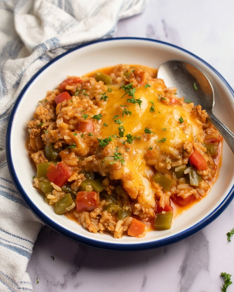 A white bowl with a blue rim holds a colorful dish consisting of at least three layers: the base is a mixture of cooked rice and small chunks of ground meat in a reddish-brown sauce, followed by diced green and red bell peppers and onions scattered throughout. The top layer features melted yellow cheese with a slightly browned texture, sprinkled lightly with chopped green herbs. A silver spoon is placed on the right side of the bowl, and the bowl rests on a white marbled surface next to a white and blue striped cloth. Photo taken with an iphone --ar 4:5 --v 7