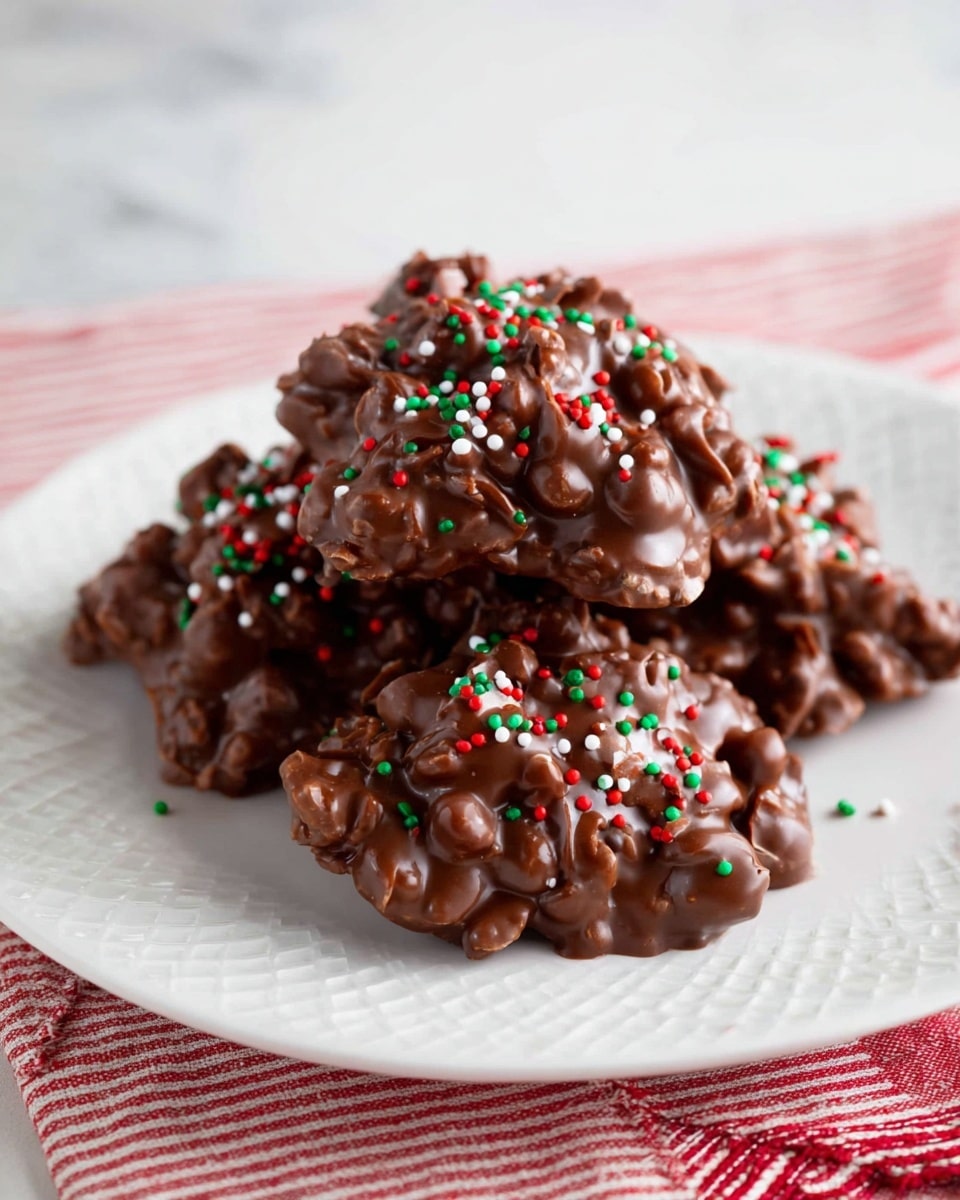 Clusters of rough, uneven chocolate pieces sit scattered on a white marbled surface. Each cluster is made from a thick layer of shiny milk chocolate that covers irregular pieces inside, giving a lumpy texture. Small, round sprinkles in red, green, white, and black are spread lightly on top of each cluster, adding festive color dots. The chocolate glistens under soft light, highlighting the bumpy shapes and glossy finish. The arrangement is casual, with some chocolate strands and sprinkles scattered loosely around the clusters. Photo taken with an iphone --ar 4:5 --v 7