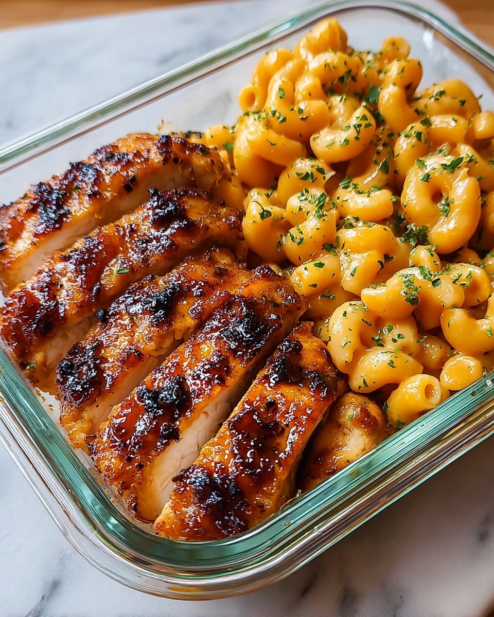 A clear glass container holds two main parts: on the left, there are five thick slices of grilled chicken with a shiny, caramelized glaze and a golden-brown color with some blackened spots from grilling; on the right, there is a pile of creamy macaroni and cheese made with curved pasta coated in a smooth, bright orange sauce and sprinkled lightly with green herbs. The container sits on a white marbled surface photo taken with an iphone --ar 4:5 --v 7