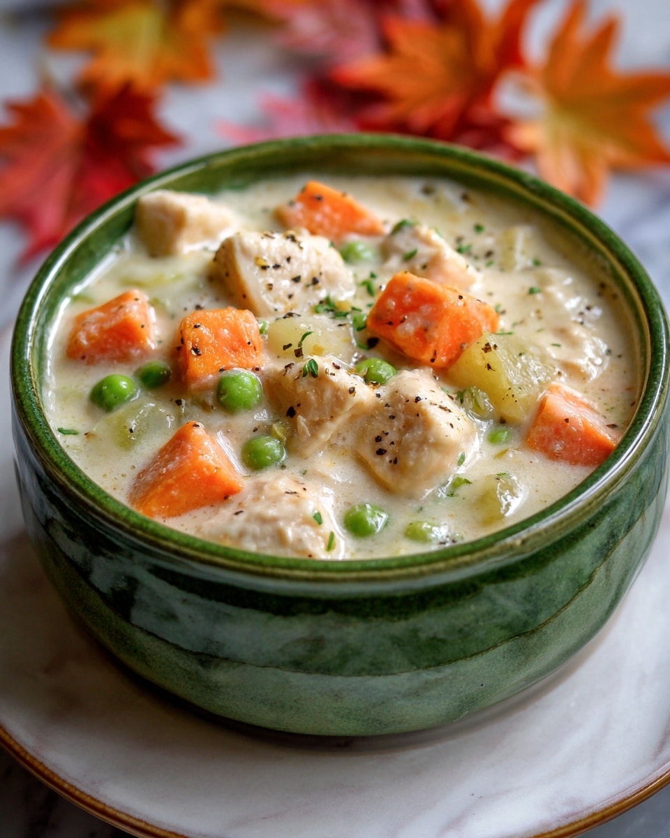 A close-up of a green bowl filled with a creamy chicken and vegetable stew. The stew shows chunks of white chicken pieces, soft orange carrot cubes, bright green peas, and light green celery in a thick white sauce with visible black pepper specks. The bowl sits on a white plate with a white marbled texture surface beneath. In the blurry background, there are warm orange and red autumn leaves adding a cozy feel. photo taken with an iphone --ar 4:5 --v 7
