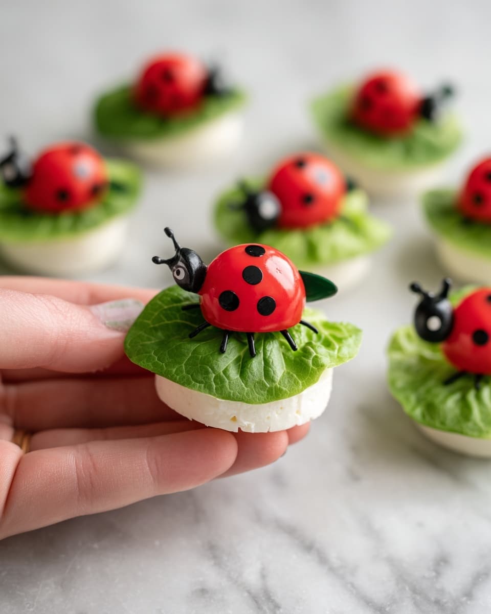 A woman's hand holds a small round white base that looks like a slice of mozzarella cheese. On top, there is a bright green lettuce leaf covering the base. Sitting on the leaf is a small red cherry tomato cut in half to look like a ladybug with small black dots drawn on and a black olive piece at the bottom for the ladybug's head. In the background, there are more of these tomato ladybugs placed on white bases and green leaves. The surface below is a white marbled texture. photo taken with an iphone --ar 4:5 --v 7