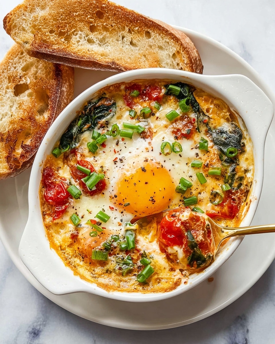 A white oval baking dish sits on a white plate with two pieces of crusty toasted bread beside it, all placed on a white marbled surface. Inside the dish, the dish has several layers: the base layer is a mix of cooked spinach and chopped tomatoes giving deep green and bright red patches, topped with a smooth creamy sauce that is golden yellow with specks of black pepper and herbs. Over this, there is a baked egg with a soft, slightly runny bright orange yolk in the center, surrounded by gleaming white cooked egg whites. Small chopped green onions are sprinkled on top, adding freshness and a touch of green. A gold spoon rests inside the dish, lifting a portion that shows a bit of all the layers. Photo taken with an iphone --ar 4:5 --v 7