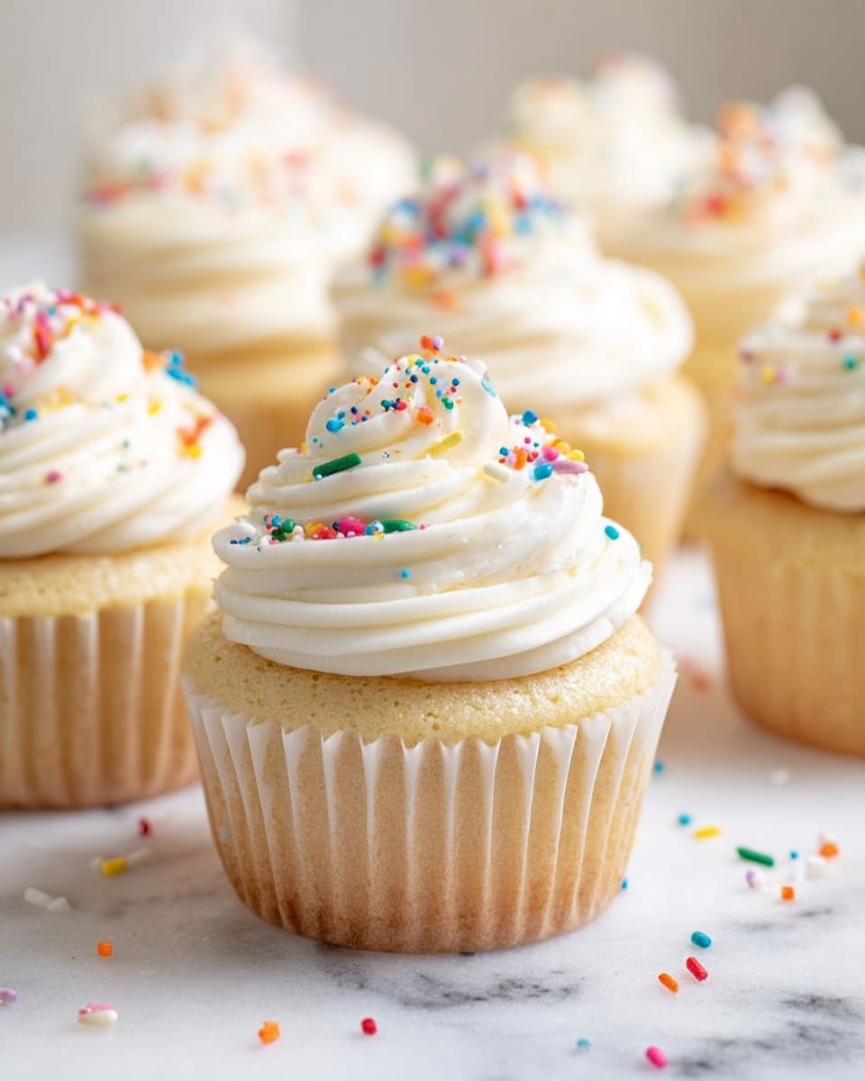 The image shows several vanilla cupcakes arranged on a white marbled surface, each with two main layers: a light golden-yellow soft cake base wrapped in a beige cupcake liner, topped with a thick swirl of white creamy frosting. The frosting has a smooth texture and is decorated with small, colorful rainbow sprinkles scattered unevenly on top and around the cupcakes. The cupcakes are clustered closely together, creating a sense of abundance and a playful, festive look. Photo taken with an iphone --ar 4:5 --v 7